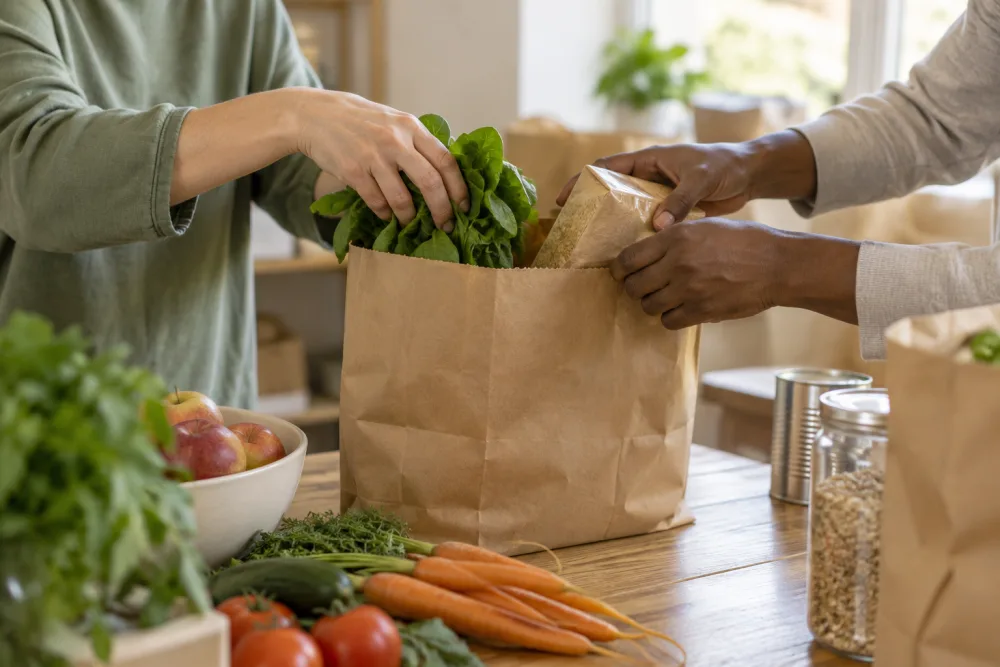 Illustrative scene of volunteers packing groceries for community support